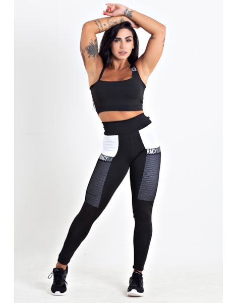 Conjunto Fitness Calça Legging com Bolso de Tela + Cropped Preto com Elásticos Racy REF: CCA8 Conjunto Fitness Calça Legging com Bolso de Tela + Cropped Preto com Elásticos Racy REF: CCA8