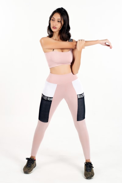 Conjunto Fitness Calça Legging com Bolso de Tela + Cropped Rose com Elásticos Racy REF: CCA8