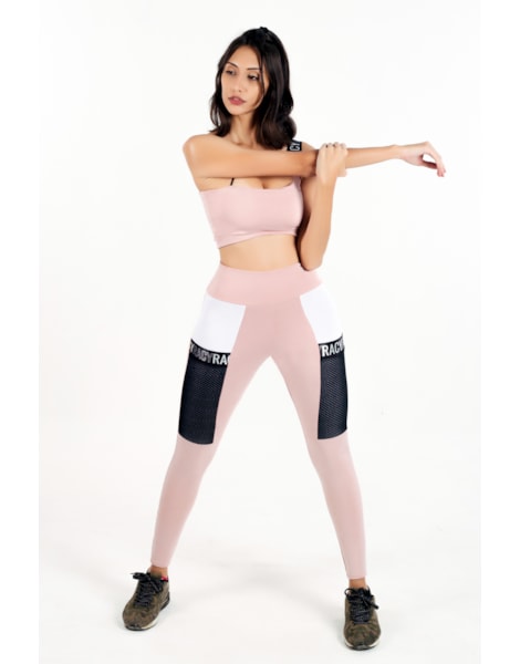 Conjunto Fitness Calça Legging com Bolso de Tela + Cropped Rose com Elásticos Racy REF: CCA8 Conjunto Fitness Calça Legging com Bolso de Tela + Cropped Rose com Elásticos Racy REF: CCA8