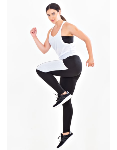 Conjunto Fitness Calça Legging com Bolso em Tela Dry + Regata de Tela + Top Tomara que Caia Preto com Branco REF: FRD3 Conjunto Fitness Calça Legging com Bolso em Tela Dry + Regata de Tela + Top Tomara que Caia Preto com Branco REF: FRD3