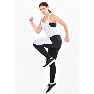 Conjunto Fitness Calça Legging com Bolso em Tela Dry + Regata de Tela + Top Tomara que Caia Preto com Branco REF: FRD3
