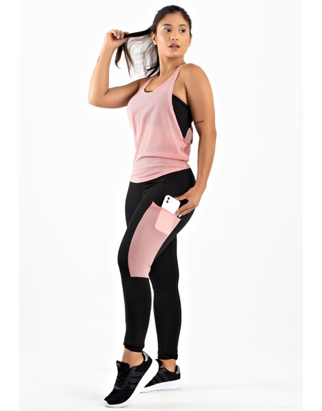 Conjunto Fitness Calça Legging com Bolso em Tela Dry + Regata de Tela + Top Tomara que Caia Preto com Rosé REF: FRD3