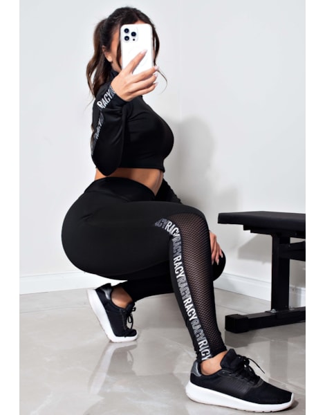 Conjunto Fitness Calça Legging com Elástico Racy e Tela Dry + Cropped Manga Longa Gola Alta Preto REF: FRD6