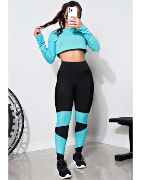 Conjunto Fitness Calça Legging + Cropped de Telinha Manga Longa com Detalhes em Azul Turquesa REF: LX147