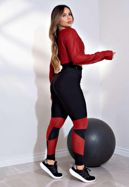 Conjunto Fitness Calça Legging + Cropped de Telinha Manga Longa com Detalhes em Terra Cota REF: LX147