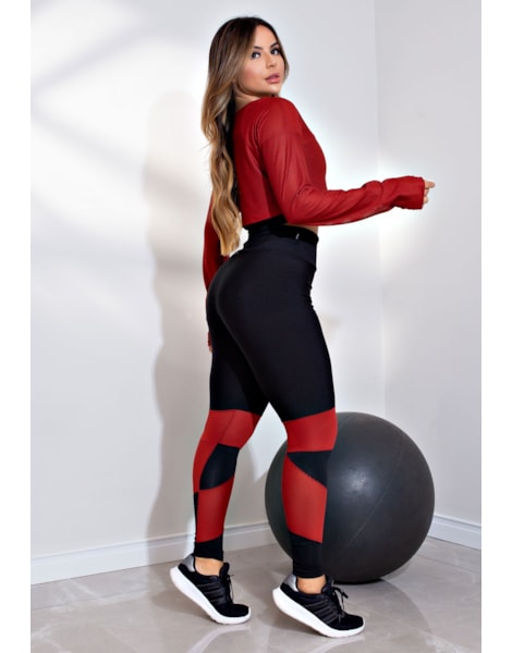 Conjunto Fitness Calça Legging + Cropped de Telinha Manga Longa com Detalhes em Terra Cota REF: LX147