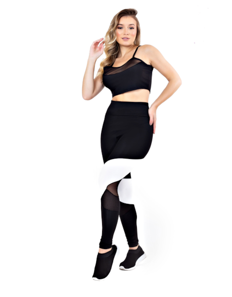 Conjunto Fitness Calça Legging Detalhe Branco Cropped Detalhe Busto REF: LX124 Conjunto Fitness Calça Legging Detalhe Branco Cropped Detalhe Busto REF: LX124