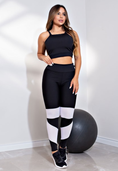 Conjunto Fitness Calça Legging Tela Cintura Alta + Cropped Alcinha Branco  | CCA2