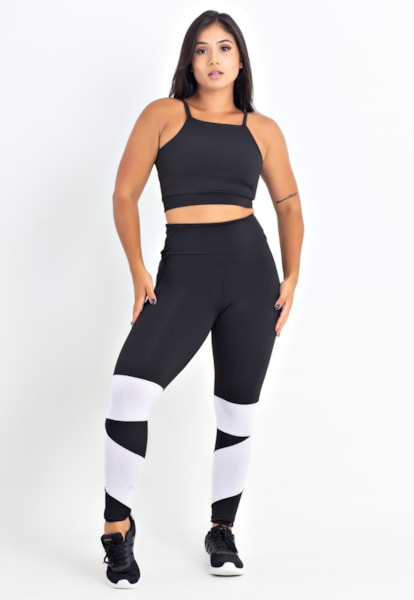 Conjunto Fitness Calça Legging Tela Cintura Alta + Cropped Alcinha Branco  | CCA2