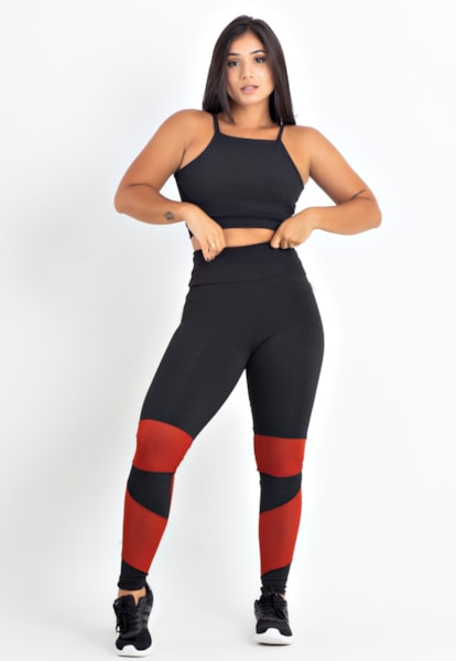 Conjunto Fitness Calça Legging Tela Cintura Alta + Cropped Alcinha Terracota | CCA2