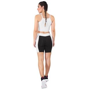 Conjunto Fitness Cropped Alcinha Branco + Shorts Preto Com Branco REF: LX048