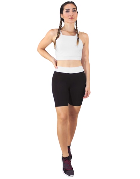 Conjunto Fitness Cropped Alcinha Branco + Shorts Preto Com Branco REF: LX048 Conjunto Fitness Cropped Alcinha Branco + Shorts Preto Com Branco REF: LX048