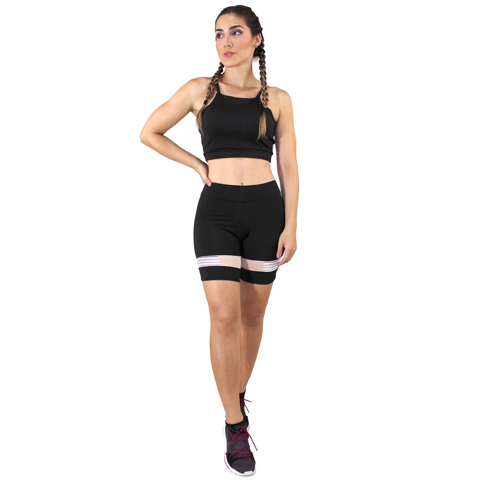 Conjunto Fitness Cropped Alcinha Preto + Shorts Preto Com Elastico REF: LX047