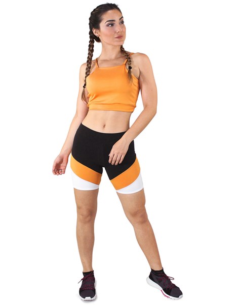Conjunto Fitness Cropped Amarelo + Shorts Com Faixas Preto Com Branco e Amarelo REF: LX051