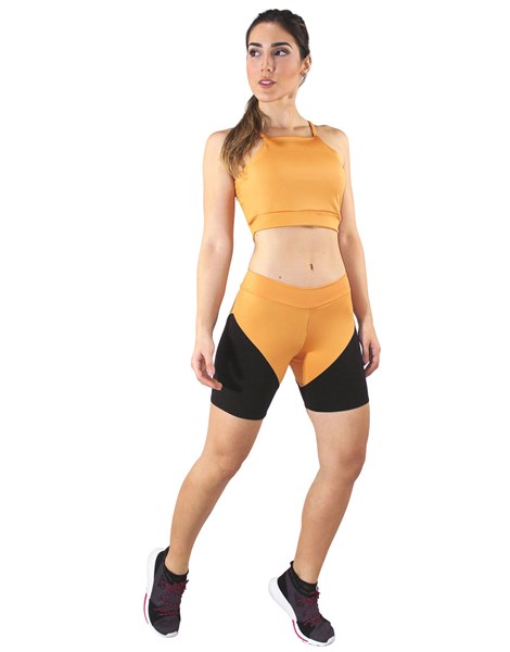 Conjunto Fitness Cropped Amarelo + Shorts Preto Com Amarelo REF: LX046
