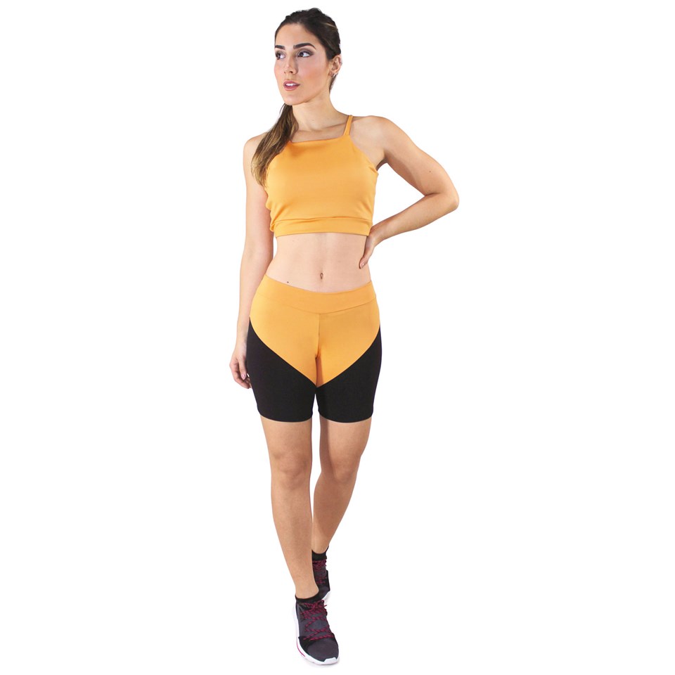 Conjunto Fitness Cropped Amarelo + Shorts Preto Com Amarelo REF: LX046