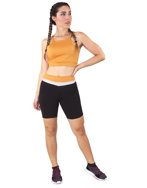 Conjunto Fitness Cropped Amarelo + Shorts Preto Com Branco e Amarelo REF: LX050
