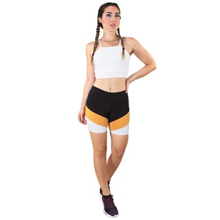 Conjunto Fitness Cropped Branco Alcinha + Short Fitness Preto Com Faixa Amarelo e Branco REF: LX071