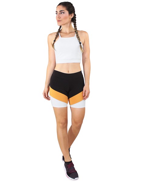 Conjunto Fitness Cropped Branco Alcinha + Short Fitness Preto Com Faixa Amarelo e Branco REF: LX071