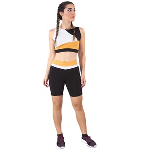 Conjunto Fitness Cropped Branco Amarelo Preto + Shorts Preto Com Branco e Amarelo REF: LX049