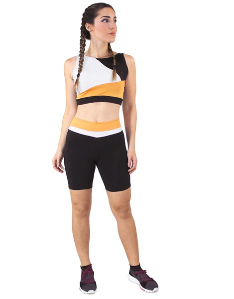 Conjunto Fitness Cropped Branco Amarelo Preto + Shorts Preto Com Branco e Amarelo REF: LX049