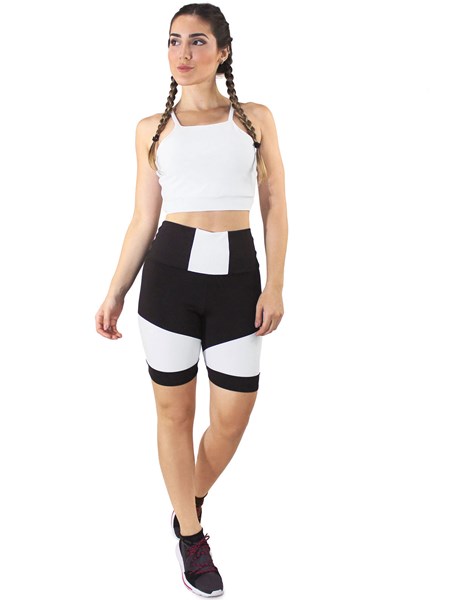Conjunto Fitness Cropped Branco + Shorts Preto Com Branco REF: LX053
