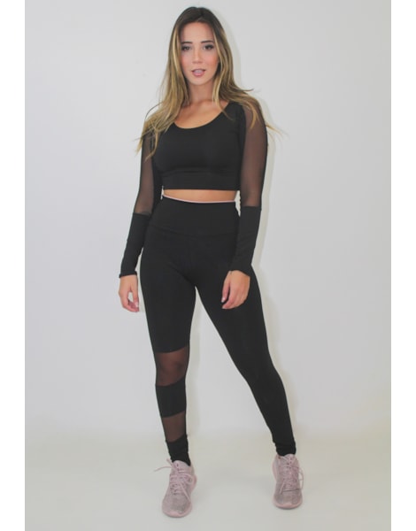 Conjunto Fitness Cropped Calça Legging Detalhe Transparente REF: LX84 Conjunto Fitness Cropped Calça Legging Detalhe Transparente REF: LX84