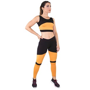 Conjunto Fitness Cropped + Calça Legging Preto Com Amarelo REF: LX042