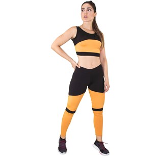 Conjunto Fitness Cropped + Calça Legging Preto Com Amarelo REF: LX042