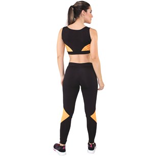 Conjunto Fitness Cropped + Calça Legging Preto e Amarelo REF: LX036