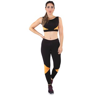 Conjunto Fitness Cropped + Calça Legging Preto e Amarelo REF: LX036