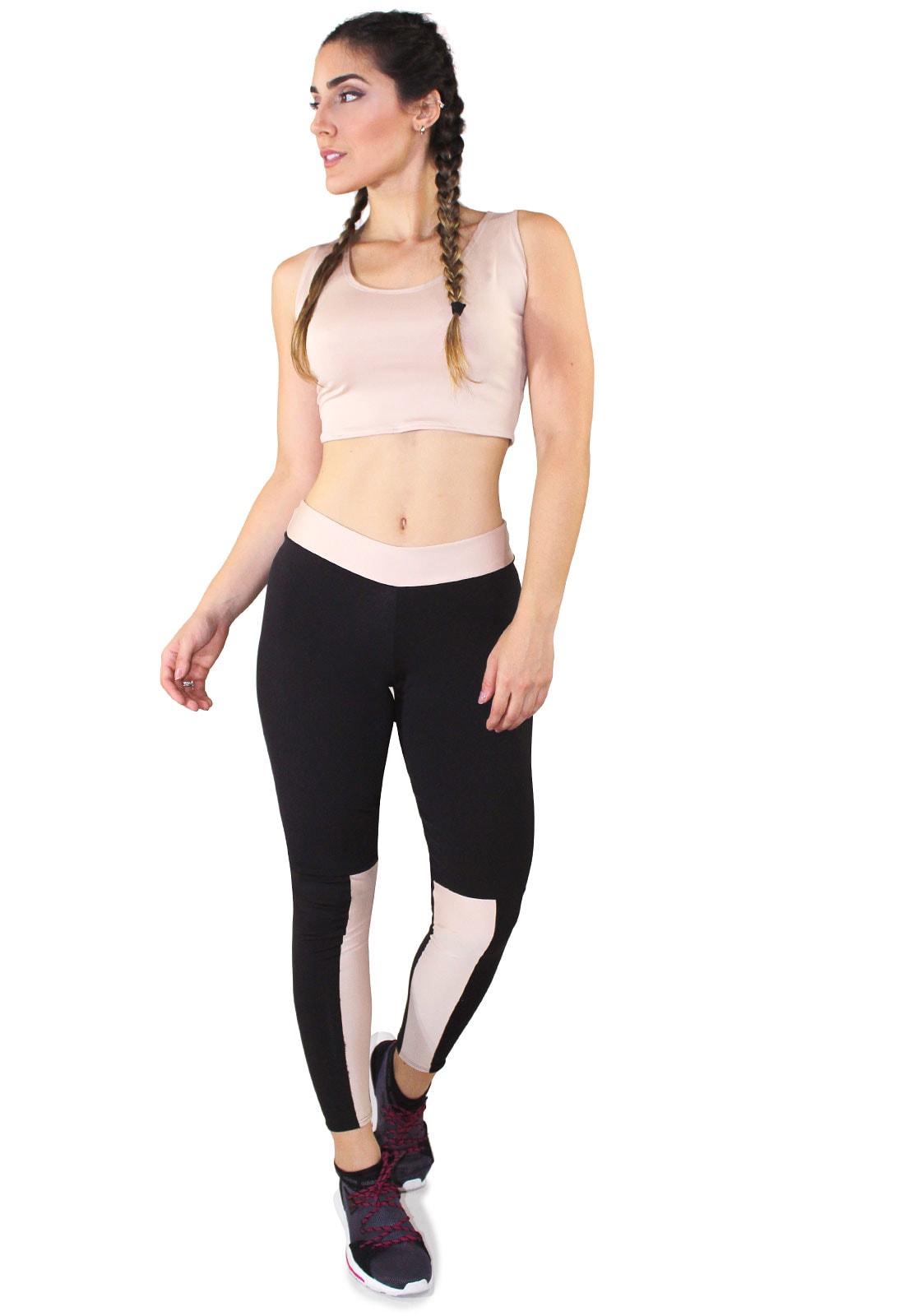 Conjunto Fitness Cropped Chocolate + Calça Fitness Preto Com Detalhe Chocolate REF: LX067