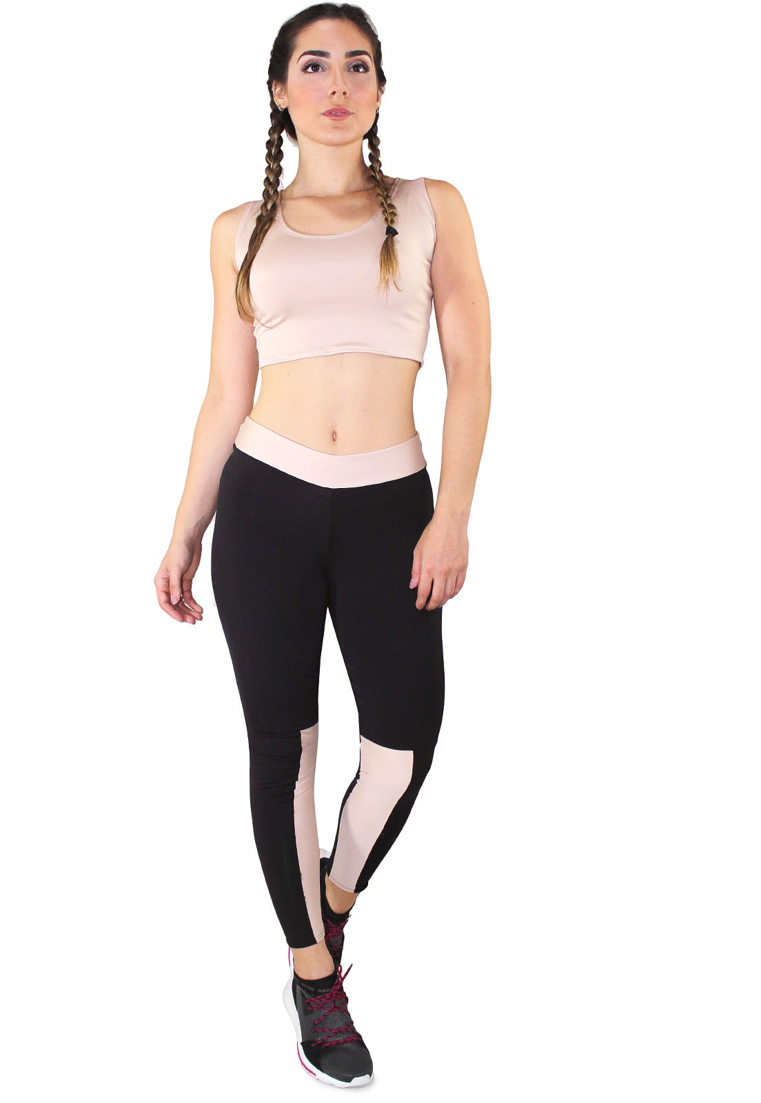 Conjunto Fitness Cropped Chocolate + Calça Fitness Preto Com Detalhe Chocolate REF: LX067