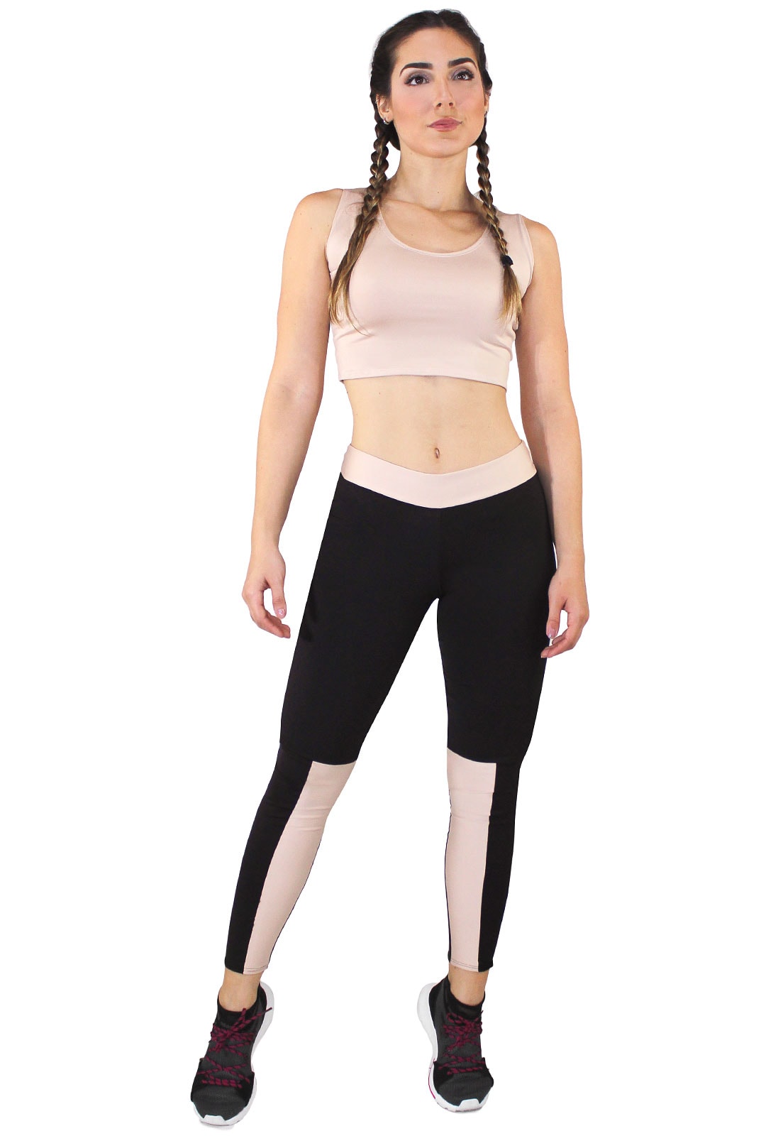 Conjunto Fitness Cropped Chocolate + Calça Fitness Preto Com Detalhe Chocolate REF: LX067