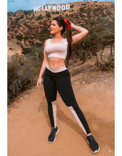 Conjunto Fitness Cropped Chocolate + Calça Fitness Preto Com Detalhe Chocolate REF: LX067 Conjunto Fitness Cropped Chocolate + Calça Fitness Preto Com Detalhe Chocolate REF: LX067