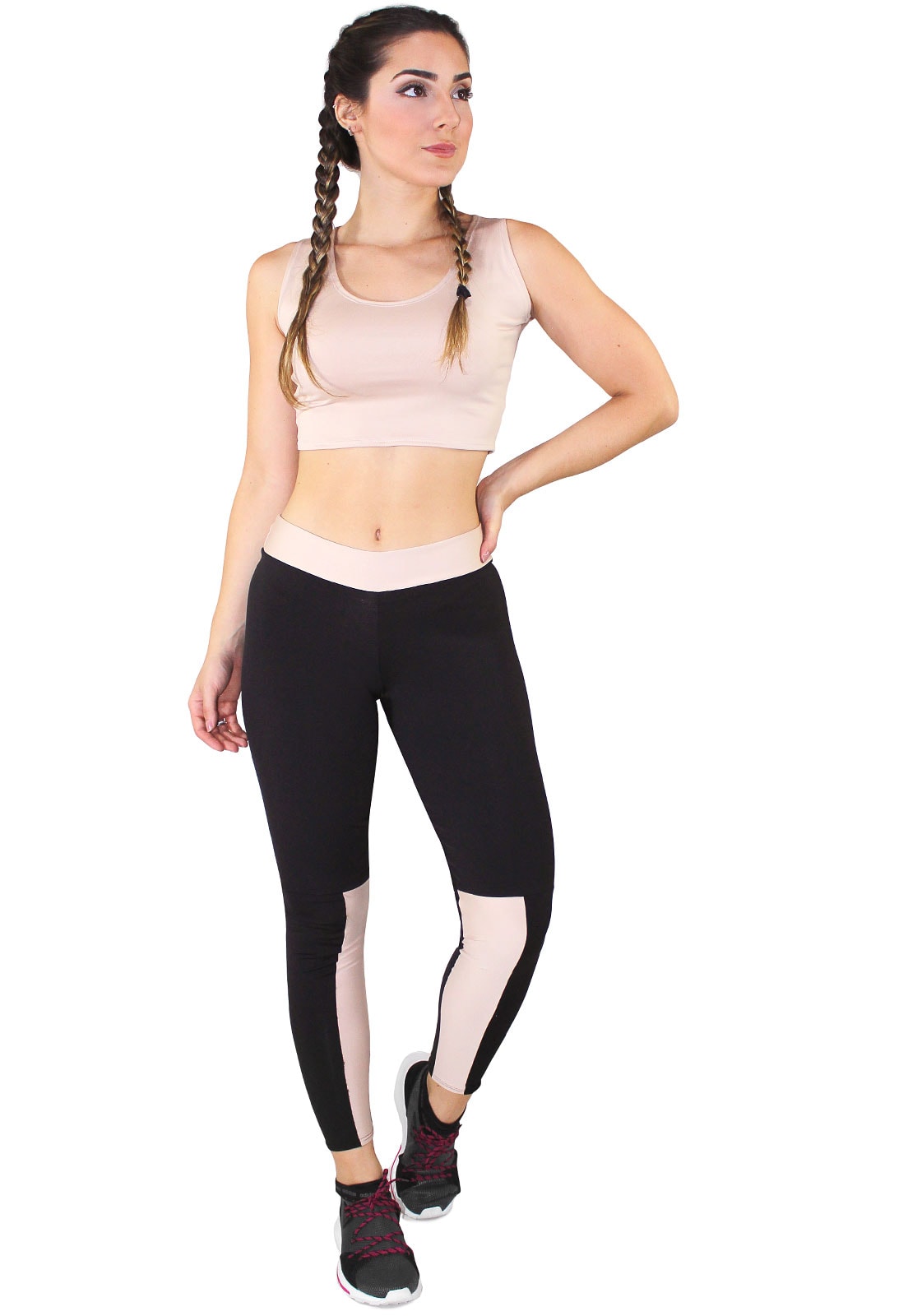 Conjunto Fitness Cropped Chocolate + Calça Fitness Preto Com Detalhe Chocolate REF: LX067