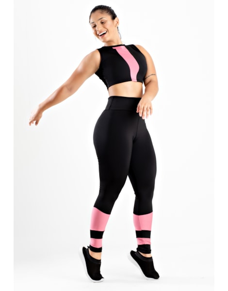 Conjunto Fitness Cropped Com Detalhe e Calça Legging Preto Rosê REF: LX89