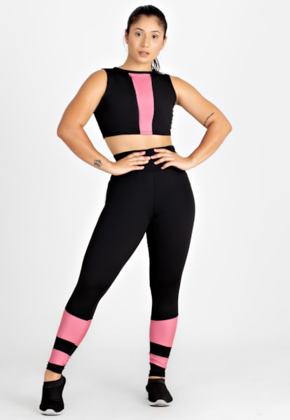 Conjunto Fitness Cropped Com Detalhe e Calça Legging Preto Rosê REF: LX89