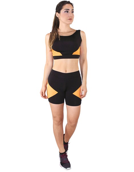 Conjunto Fitness Cropped Com Faixa Amarelo + Shorts Preto Com Amarelo REF: LX045