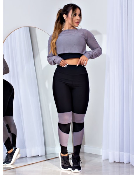 Conjunto Fitness Cropped e Calça Legging com Detalhes de Renda em Cinza REF: LX147 Conjunto Fitness Cropped e Calça Legging com Detalhes de Renda em Cinza REF: LX147