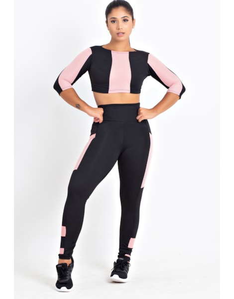 Conjunto Fitness Cropped e Calça Legging Preto Detalhe Rosê REF: LX150 Conjunto Fitness Cropped e Calça Legging Preto Detalhe Rosê REF: LX150