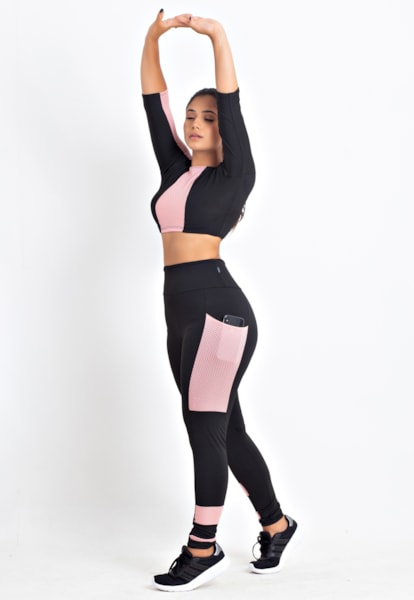 Conjunto Fitness Cropped e Calça Legging Preto Detalhe Rosê REF: LX150