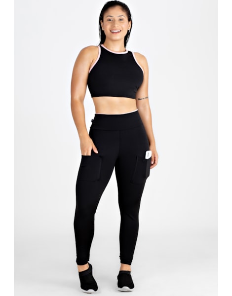 Conjunto Fitness Cropped e Calça Legging Preto Rosê REF: LX98 Conjunto Fitness Cropped e Calça Legging Preto Rosê REF: LX98