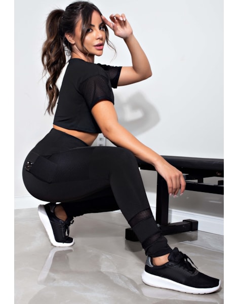 Conjunto Fitness Cropped Preto + Calça Legging com Bolso Tela REF: LX81 Conjunto Fitness Cropped Preto + Calça Legging com Bolso Tela REF: LX81