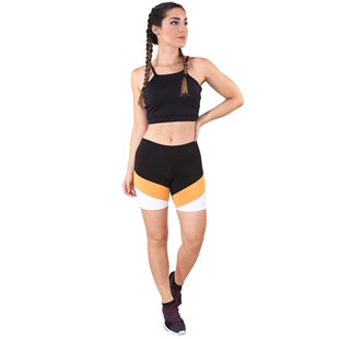 Conjunto Fitness Cropped Preto + Shorts Com Faixas Preto Com Branco e Amarelo REF: LX052