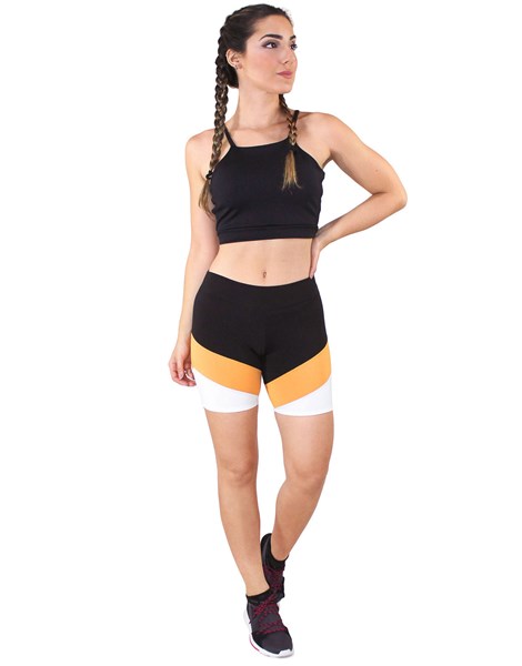 Conjunto Fitness Cropped Preto + Shorts Com Faixas Preto Com Branco e Amarelo REF: LX052