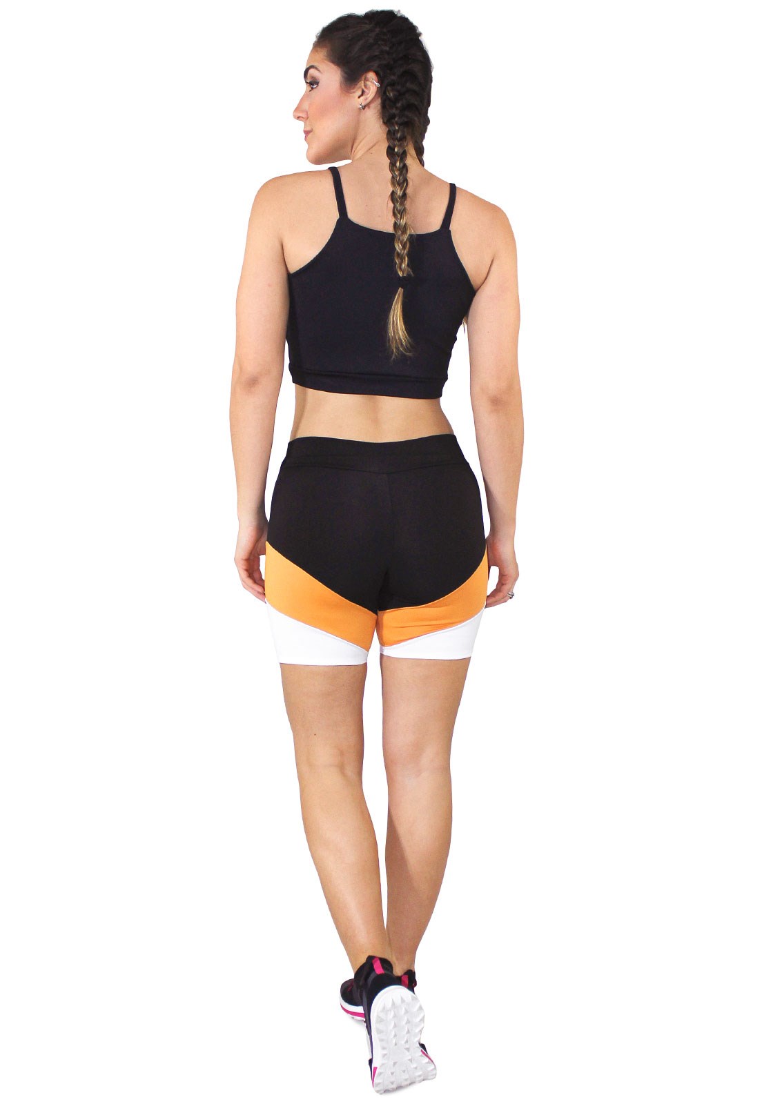 Conjunto Fitness Cropped Preto + Shorts Com Faixas Preto Com Branco e  Amarelo REF: LX052 - Racy Modas