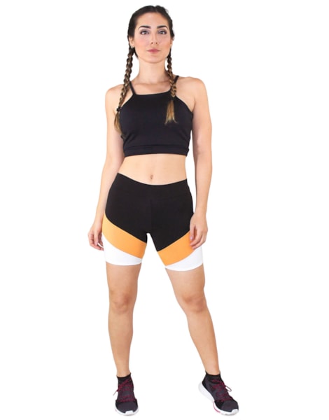 Conjunto Fitness Cropped Preto + Shorts Com Faixas Preto Com Branco e Amarelo REF: LX052 Conjunto Fitness Cropped Preto + Shorts Com Faixas Preto Com Branco e Amarelo REF: LX052