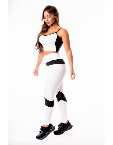 Conjunto Fitness Feminino Calça Legging Branca com Preto Cintura Alta e Cropped Alcinha Academia REF: CSV25 Conjunto Fitness Feminino Calça Legging Branca com Preto Cintura Alta e Cropped Alcinha Academia REF: CSV25