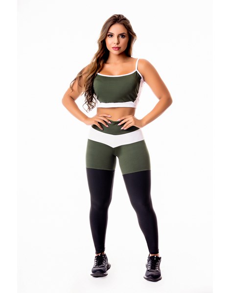Conjunto Fitness Feminino Calça Legging Levanta Bumbum Preta com Verde Militar e Branco Cintura Alta e Cropped Alcinha Academia REF: CSV17